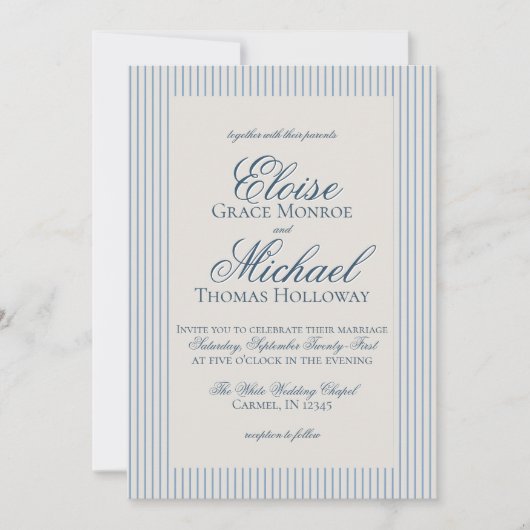 Elegant Old Money Script Blue Stripe Wedding 招待状 (正面)