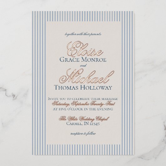 Elegant Old Money Script Blue Stripe Wedding 箔招待状 (正面)