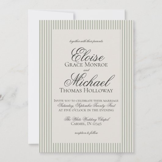 Elegant Old Money Script Green Stripe Wedding 招待状 (正面)