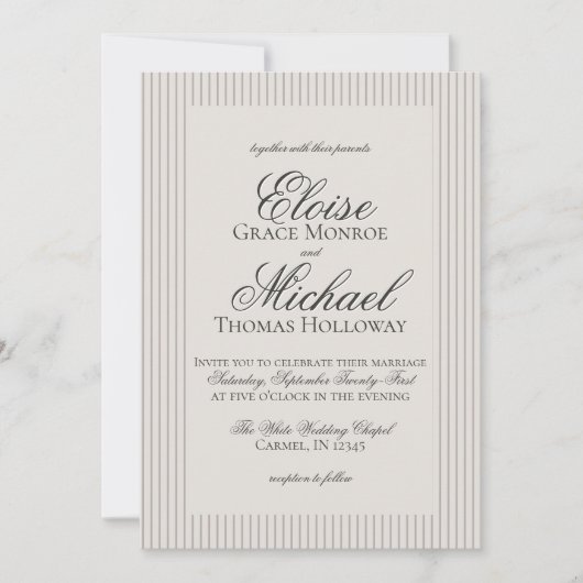 Elegant Old Money Script Neutral Stripe Wedding 招待状 (正面)