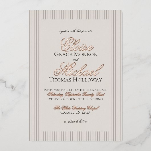 Elegant Old Money Script Neutral Stripe Wedding 箔招待状 (正面)