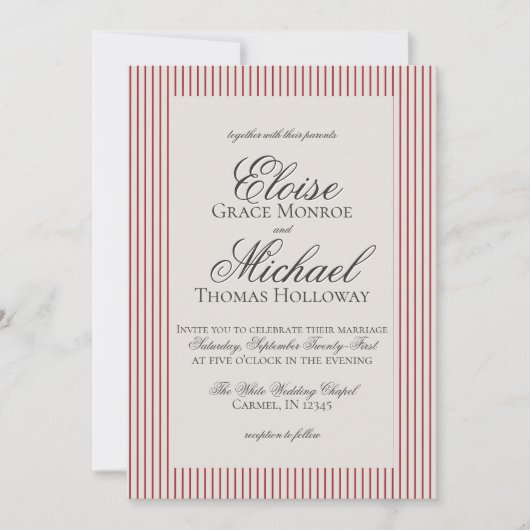 Elegant Old Money Script Red Stripe Wedding 招待状 (正面)