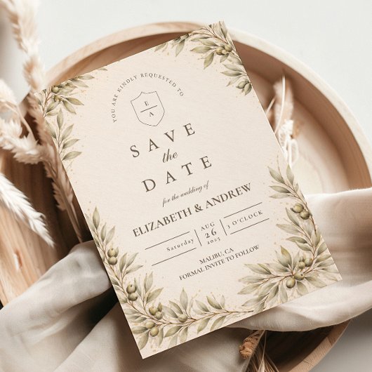 Elegant Olive Branch Greenery Wedding セーブザデート