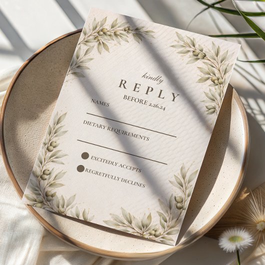Elegant Olive Branch Greenery Wedding 出欠カード