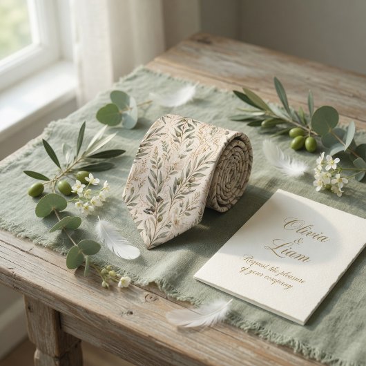 Elegant Olive Branches & Ivory Floral ネクタイ