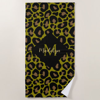 Elegant olive green and black leopard Monogrammed  ビーチタオル
