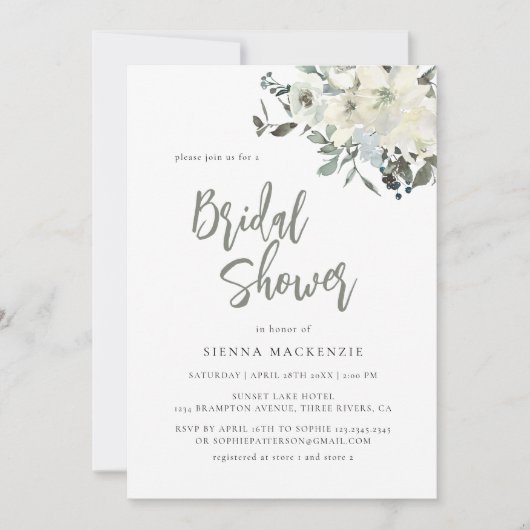 Elegant Olive Green Delicate Floral Bridal Shower 招待状 (正面)