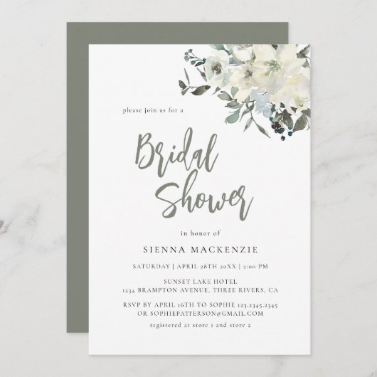 Elegant Olive Green Delicate Floral Bridal Shower 招待状 (正面/裏面)