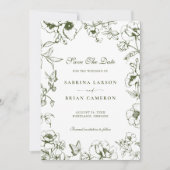 Elegant Olive Green Floral Garden Save The Date 招待状 (正面)