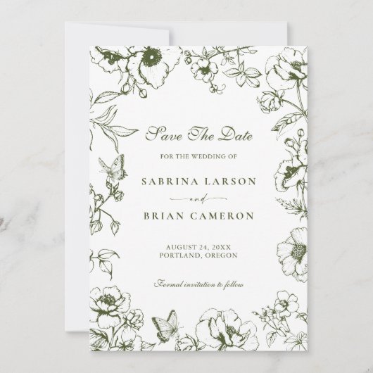 Elegant Olive Green Floral Garden Save The Date 招待状 (正面)