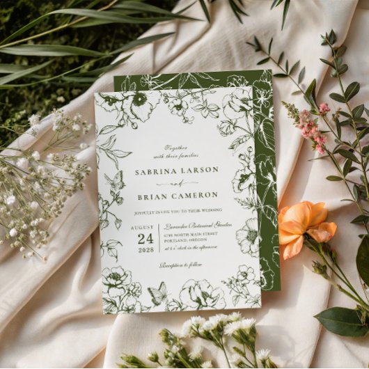 Elegant Olive Green Floral Garden Wedding 招待状
