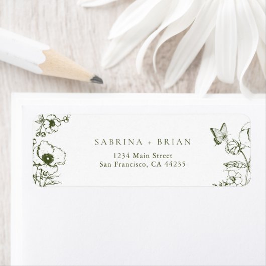 Elegant Olive Green Floral Wedding Return Address ラベル (インサイチュ)