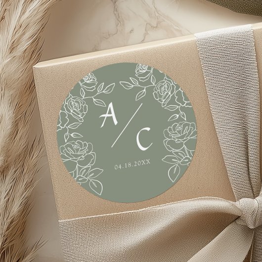Elegant Olive Green French Roses Wedding ラウンドシール