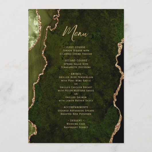 Elegant Olive Green Gold Agate Wedding Menu メニュー (正面)