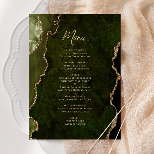 Elegant Olive Green Gold Agate Wedding Menu メニュー