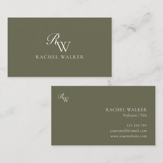 Elegant Olive Green Monogram 名刺 (正面/裏面)