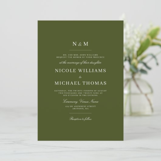 Elegant Olive Green Monogram Classic Wedding 招待状 (スタンド正面)