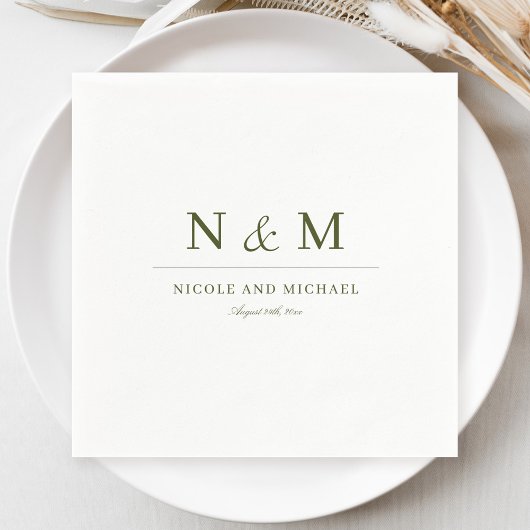 Elegant Olive Green Monogram Initials Wedding スタンダードカクテルナプキン