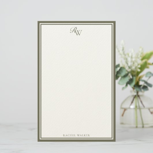 Elegant Olive Green Monogram Two Border 便箋 (スタンド正面)