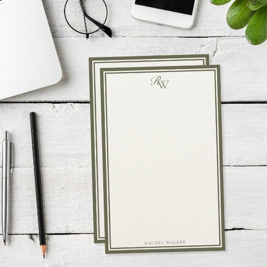 Elegant Olive Green Monogram Two Border 便箋