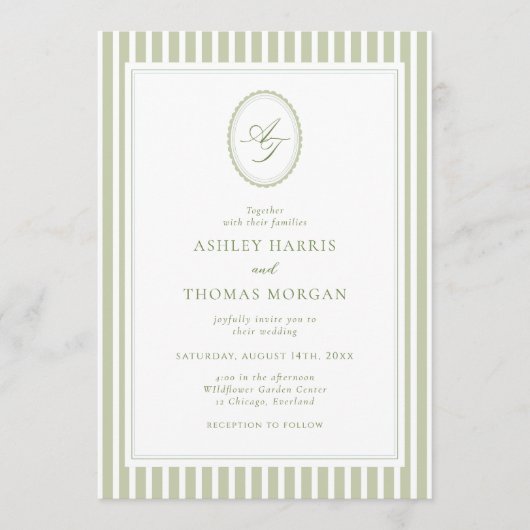 Elegant Olive Green Monogram Wedding Invitation 招待状 (正面)