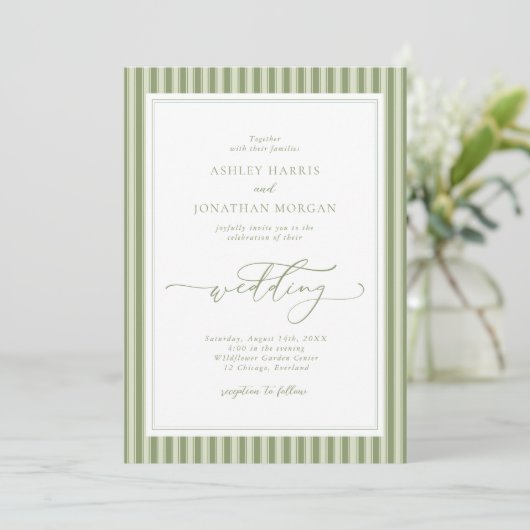 Elegant Olive Green Stripes Wedding Invitation 招待状 (スタンド正面)