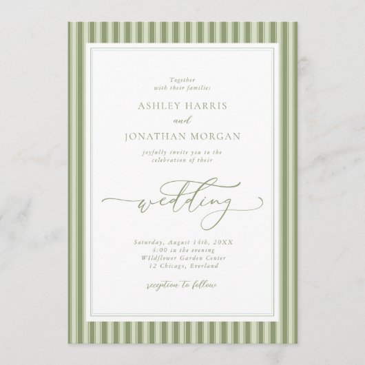 Elegant Olive Green Stripes Wedding Invitation 招待状 (正面)