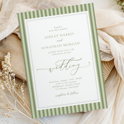 Elegant Olive Green Stripes Wedding Invitation 招待状