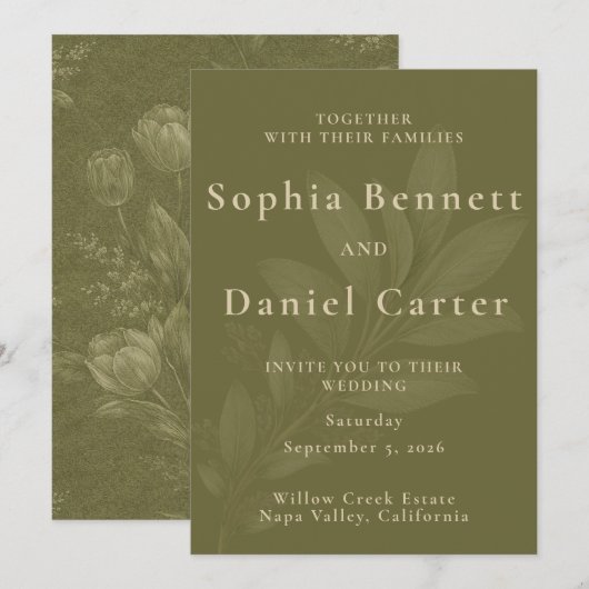 Elegant Olive Green Tulip Botanical Wedding 招待状 (正面/裏面)