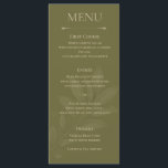 Elegant Olive Green Tulip Botanical Wedding Menu メニュー<br><div class="desc">A sophisticated wedding menu card featuring a rich olive green background with delicate vintage tulip botanical illustrations and elegant gold typography. The minimalist layout highlights each course while maintaining a romantic garden aesthetic. Perfect for vineyard weddings, botanical garden celebrations, and elegant outdoor receptions. Designed to coordinate beautifully with olive, sage,...</div>
