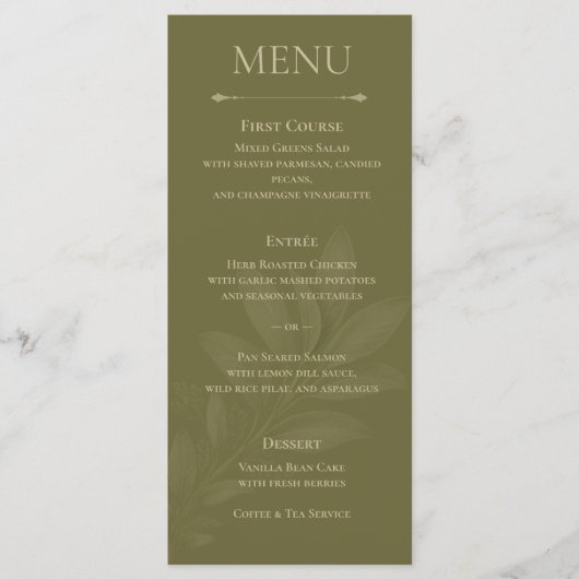 Elegant Olive Green Tulip Botanical Wedding Menu メニュー (正面)