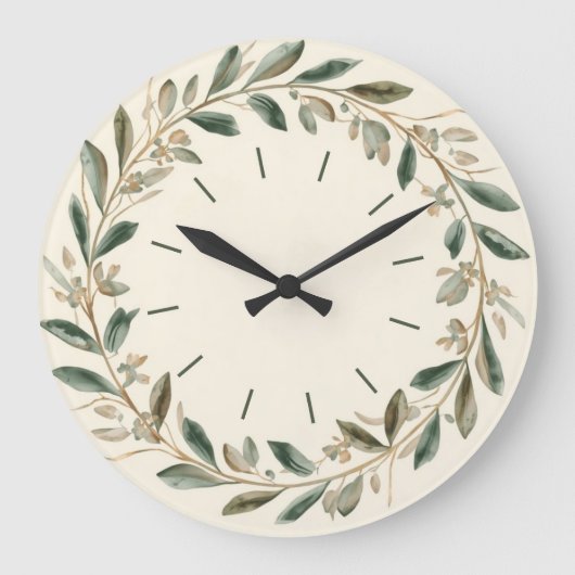 Elegant Olive Leaf Botanical Wall Clock in Green ラージ壁時計 (正面)