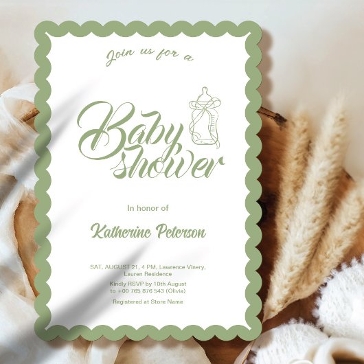 Elegant olive Scalloped Baby Shower Invitation 招待状