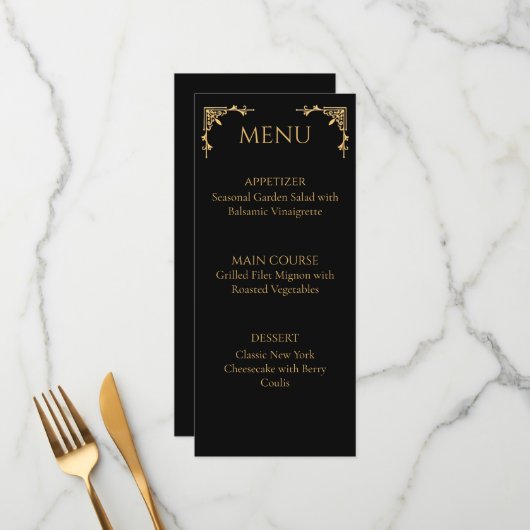 Elegant Onyx Black and Gold Flourish Wedding Menu メニュー (正面/裏面インサイチュ)