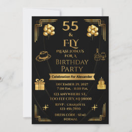 ELEGANT ONYX & GOLD 55 & FLY 5X7 メンズ誕生日 招待状