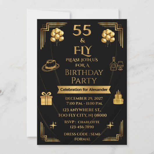 ELEGANT ONYX & GOLD 55 & FLY 5X7 メンズ誕生日 招待状 (正面)