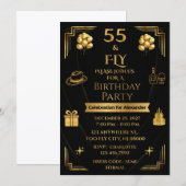 ELEGANT ONYX & GOLD 55 & FLY 5X7 メンズ誕生日 招待状 (正面/裏面)