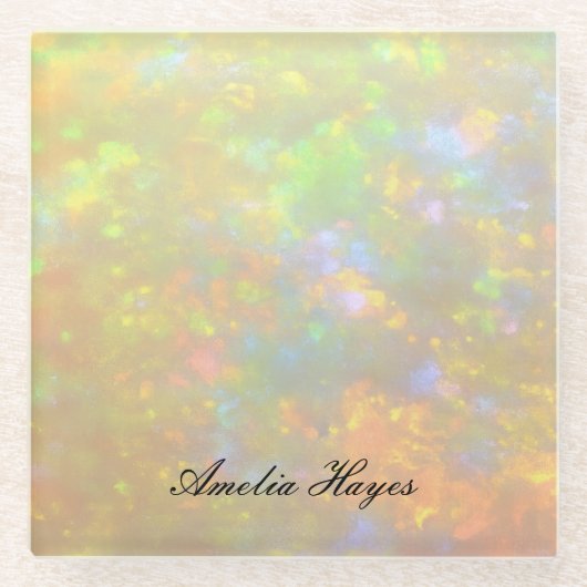 Elegant Opal Stone Texture Modern Script Custom ガラスコースター (正面)