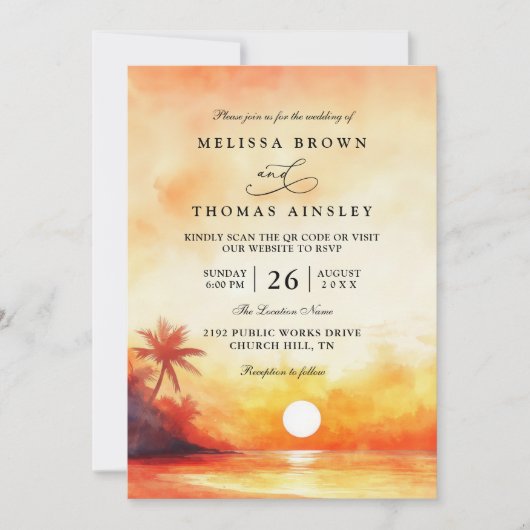 Elegant Orange Beach Sunset QR Code Wedding 招待状 (正面)