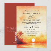 Elegant Orange Beach Sunset QR Code Wedding 招待状 (正面/裏面)