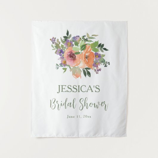 Elegant Orange Floral Bridal Shower Backdrop タペストリー (正面)