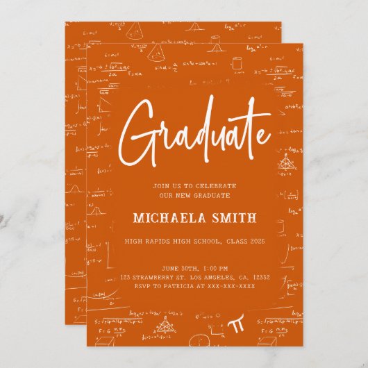 Elegant Orange Graduate Math Graduation 招待状 (正面/裏面)
