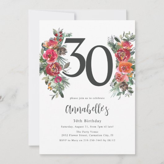 Elegant Orange & Red Floral 30th Birthday 招待状 (正面)