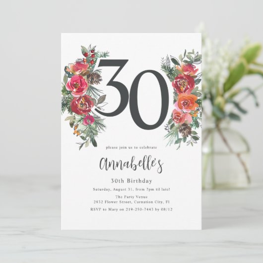 Elegant Orange & Red Floral 30th Birthday 招待状 (スタンド正面)