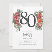 Elegant Orange & Red Floral 80th Birthday 招待状 (正面)