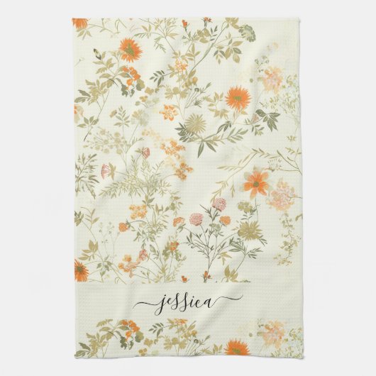 Elegant orange wildflowers script name キッチンタオル (縦)