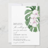 Elegant Orchid on Tropical leaf script wedding 招待状 (正面)