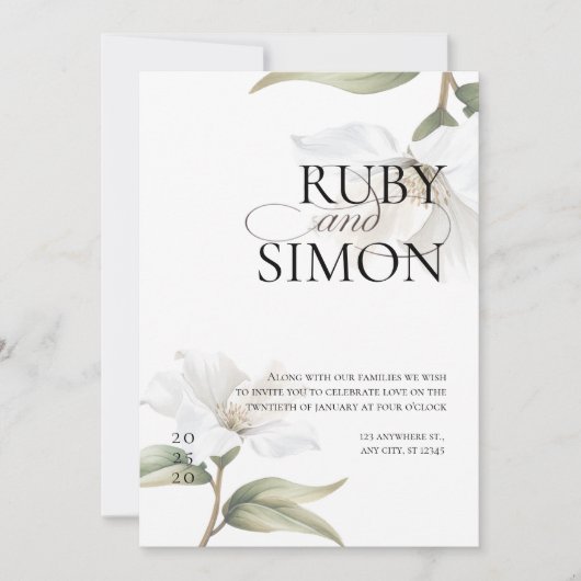 Elegant Oriental White Magnolia Wedding 招待状 (正面)