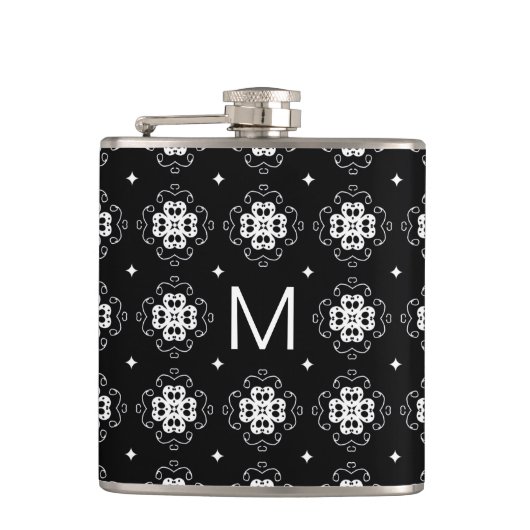 Elegant Ornate Black and White Pattern Monogram フラスク (正面)