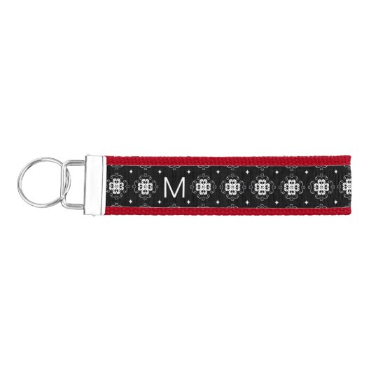 Elegant Ornate Black and White Pattern Monogram リストバンドキーホルダー (鍵左)